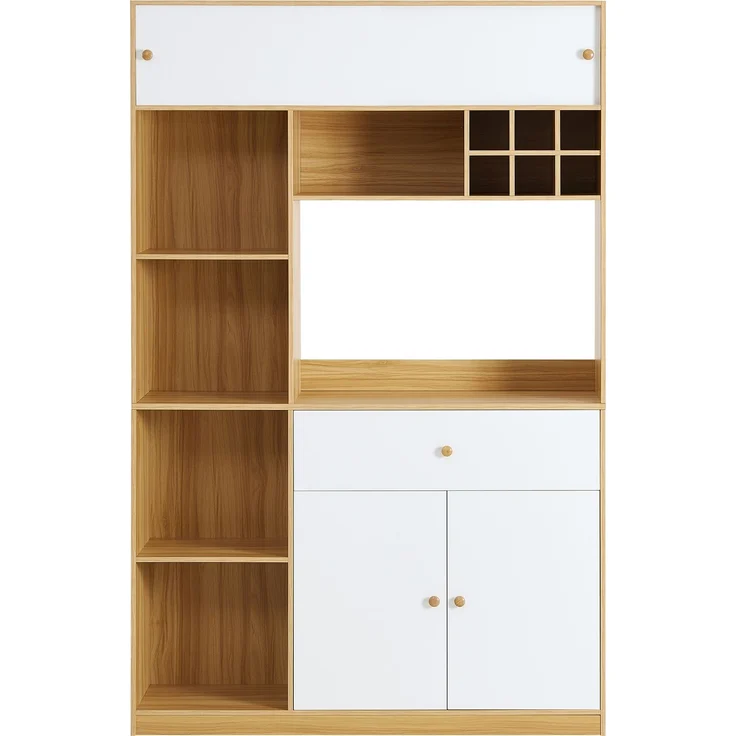 ZUBALIYA Buffetschrank 115x35x180 cm, mit LED-Beleuchtung, aus Spanplatte, Weiß / Natur – Bild 14