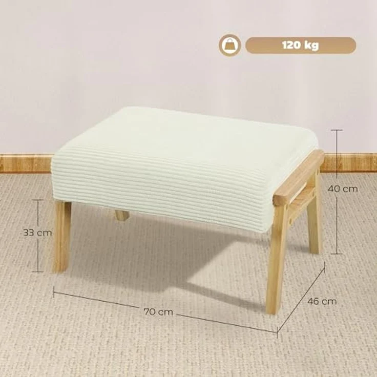 HOMCOM Fußhocker mit weichem Sitzkissen, Holzbeinen, Cordoptik (Polsterhocker, 1 St, Sitzhocker), für Schlafzimmer, Wohnzimmer, Cremeweiß – Bild 3