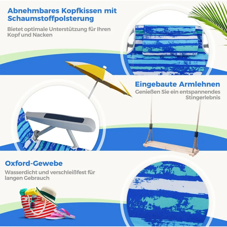 Klappbarer Strandstuhl mit Verstellbarer Rückenlehne Leichter Campingstuhl Blauer Streifen SH378 – Bild 4