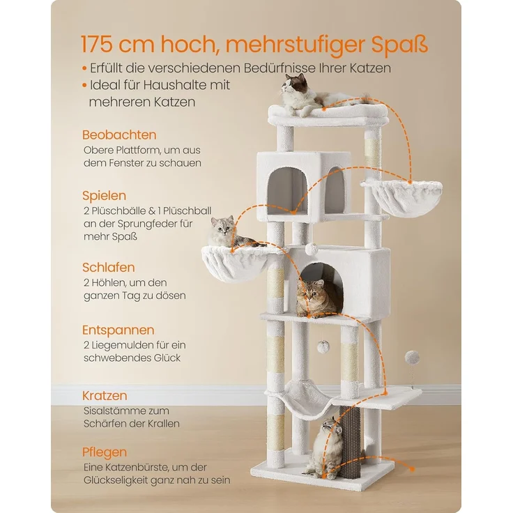Feandrea Kratzbaum groß, 174 cm hoch, XL, mehrstöckiger Katzenbaum mit 2 Höhlen, 2 Liegemulden, 5 Kratzsäulen, Katzenbürste, große Plattform, cremeweiß – Bild 3