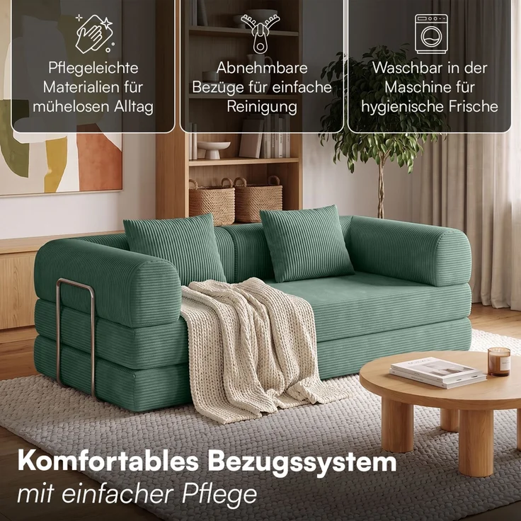 skølm 'Lofn' Modulares Sofa 2 Sitzer, 200x100 cm, Vollschaumcouch mit Metallgestell, Cord salbeigrün, Schlafsofa vakuumverpackt, kein Aufbau erforderlich – Bild 7
