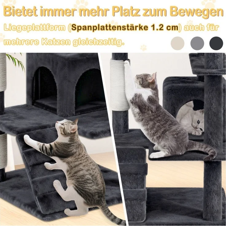 FIVMEN Kratzbaum Grosse 130cm mit Sisal-Seil, 2 Katzenhäusern Plattformen & Höhle, Katzenmöbel Katzenspielzeug für Katzen Beige Dunkelgrau Grau – Bild 4