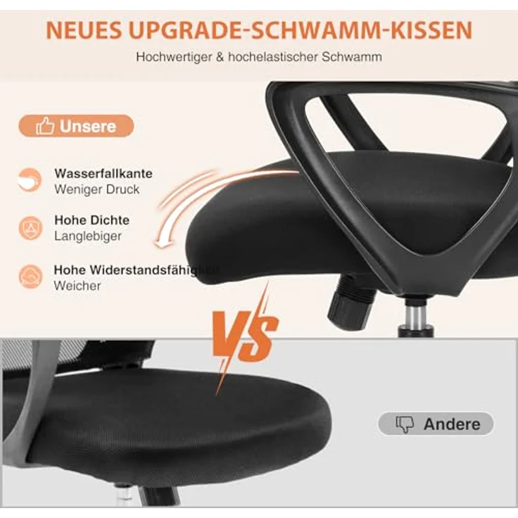 Sweetcrispy Bürostuhl Ergonomisch, Schreibtischstuhl mit Lendenwirbelstütze, Verstellbaren Armlehnen Drehstuhl, Höhenverstellbarer Office Chair, Bürostühle Geeignet für Büro und Schlafzimmer (Schwarz) – Bild 7