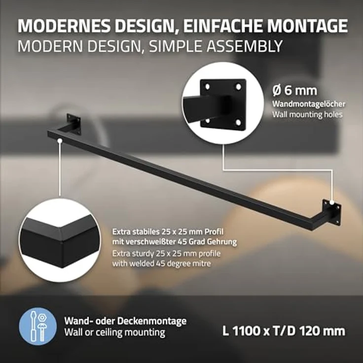 ML DESIGN Kleiderstange U-Form 2er Set, Rechteck für Wandmontage, T12cm x B110cm, Schwarz, Stahl, inkl. Montagematerial, belastbar bis 50 kg – Bild 3