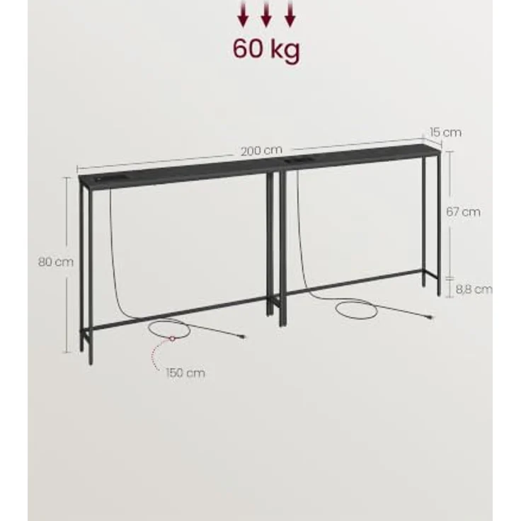 VASAGLE Konsolentisch mit Ladestation, schmaler Sofatisch, Flurtisch, 2 Tischplatten, einfache Montage, für Flur, Wohnzimmer, 100 x 15 x 80 cm, Schwarze Holzoptik-Mattschwarz LNT078BE03 – Bild 3