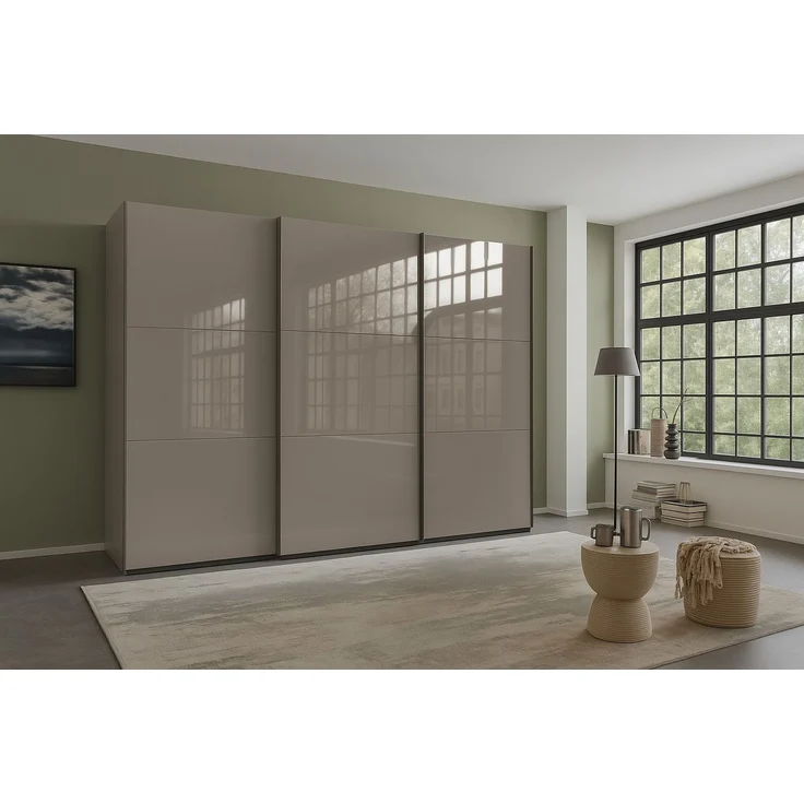 Schwebetürenschrank Kleiderschrank 300 cm Vollausstattung Glasfront in Sand Grau – Bild 3