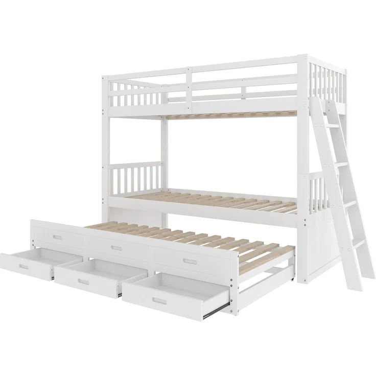 Etagenbett mit 2 Schlafgelegenheiten, Ausziehbett, Schubladen, Leiter und Rausfallschutz, 90x200 cm, Kinderbett umbaufähig zu 2 Einzelbetten, Kiefer – Bild 6