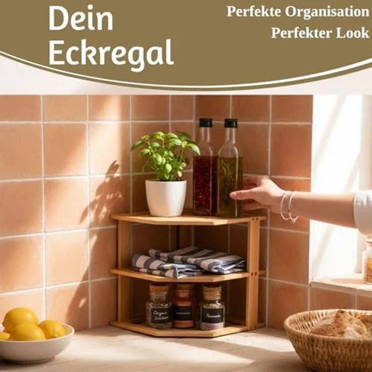 LS-LebenStil Küchenregal Eckregal Holz 27x25cm stehend Aufbewahrungsregal Gewürzregal, Küche & Bad - Gewürzregal über Eck - Organizer für Tassen Gewürze 1-tlg, Dekoregal als für Arbeitsplatte - Badregal Ablage Modern Platzsparend – Bild 4