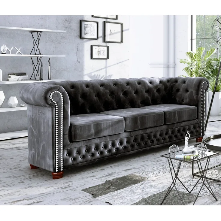S-Style Möbel Chesterfield-Sofa Leeds 3-Sitzer aus Samt-Stoff mit Holzfüßen, mit Wellenfederung