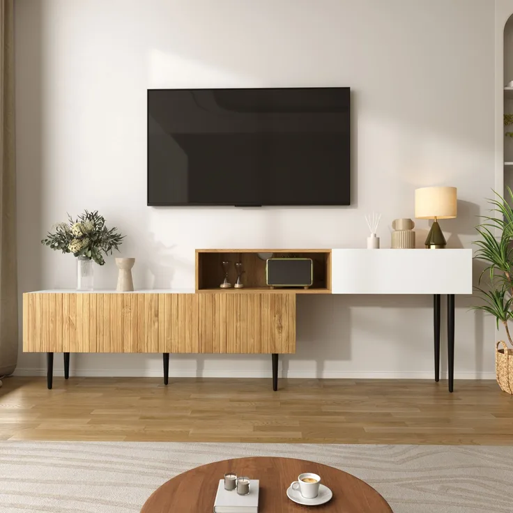 Merax TV-Schrank mit verstellbarer Länge, Modulares 2-teiliges Design, Holzoptik + Weiß matt, Schwarze Metallbeine