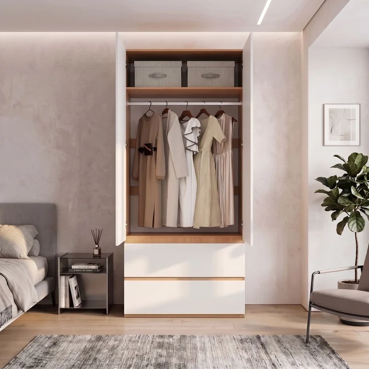 Kleiderschrank mit oberem Staufach, Garderobenschrank, 90 x 50 x 200 cm, mit 1 Kleiderstange, 2 Schubladen und 2 Türen, moderner Hochschrank für Schlafzimmer, Flur, Kinderzimmer oder Büro (Eiche/Weiß)--Weiß--90x50x200cm--YOUDENOVA – Bild 3