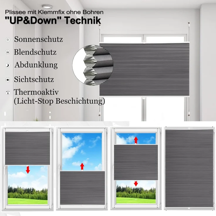 WOLTU Wabenplissee ohne Bohren Verdunklung Thermo Doppelplissee Klemmfix Zweifarbig 80x130 cm Dunkelgrau-Weiß, Plissee Faltrollo Sonnen-, Sicht- & Schallschutz, Jalousie Plisseerollo für Fenster & Tür – Bild 6