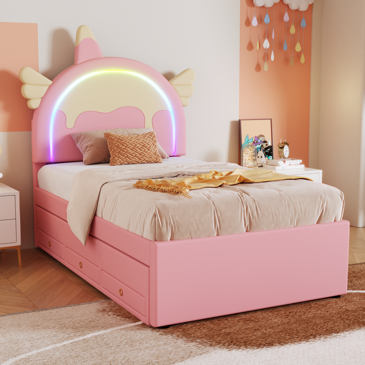 Kinderbett Einhorn 90x200 cm mit ausziehbarem Rollbett, Stauraum, Einhorn-Design, Bett für Mädchen, Kinderzimmer Bett – Bild 4