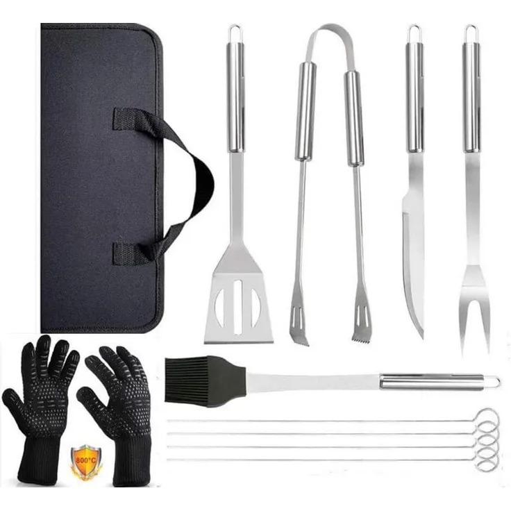 LuxusKollektion Premium Grillbesteck-Set mit Grillhandschuhen, 9-teilig, Edelstahl silber