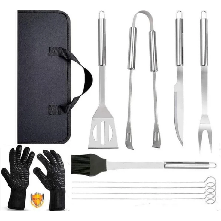 LuxusKollektion Premium Grillbesteck-Set mit Grillhandschuhen, 9-teilig, Edelstahl silber