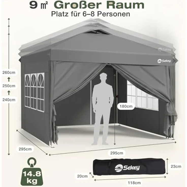 Sekey Pop Up Pavillon Wasserdicht Stabil Winterfest mit Seitenwänden, Faltpavillon 3 x 3 m, Camping Pavillion Faltbar Partyzelt mit Belüftung, Designer Serie 3x3, (Grau, 3x3 Mit Seitenwänden) – Bild 6