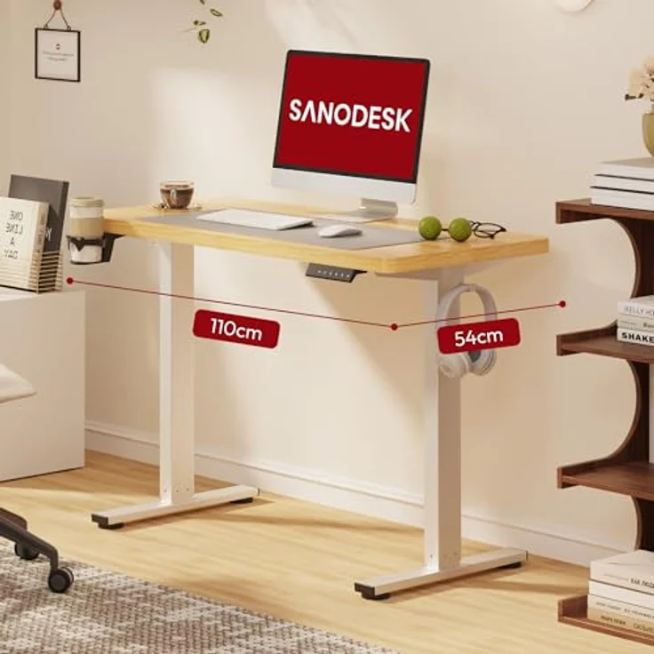 SANODESK Höhenverstellbarer Schreibtisch mit VOLLSTÄNDIGER TISCHPLATTE, 4 Zubehörteilen (Becherhalter, Haken, Aufbewahrungsbox, Kabelmanagement), ergonomisch für Büro und Homeoffice, Ahorn, 110x54 cm – Bild 3