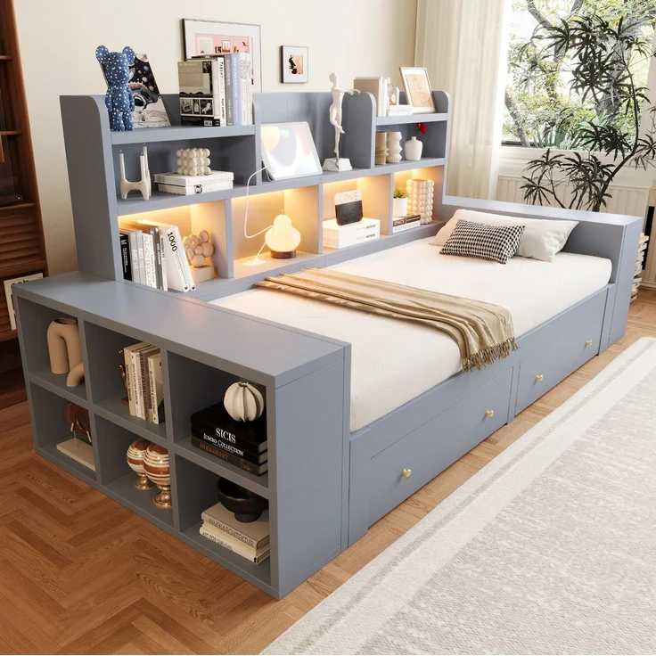 CHICFURN Ausziehbett aus MDF Grau 90/180x200 cm mit Stauraum und LED-Beleuchtung – Bild 2