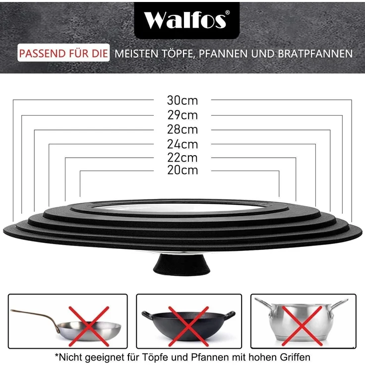 Walfos Universaldeckel Glasdeckel Pfannen Töpfe Silikonrand 20cm-30cm – Bild 4