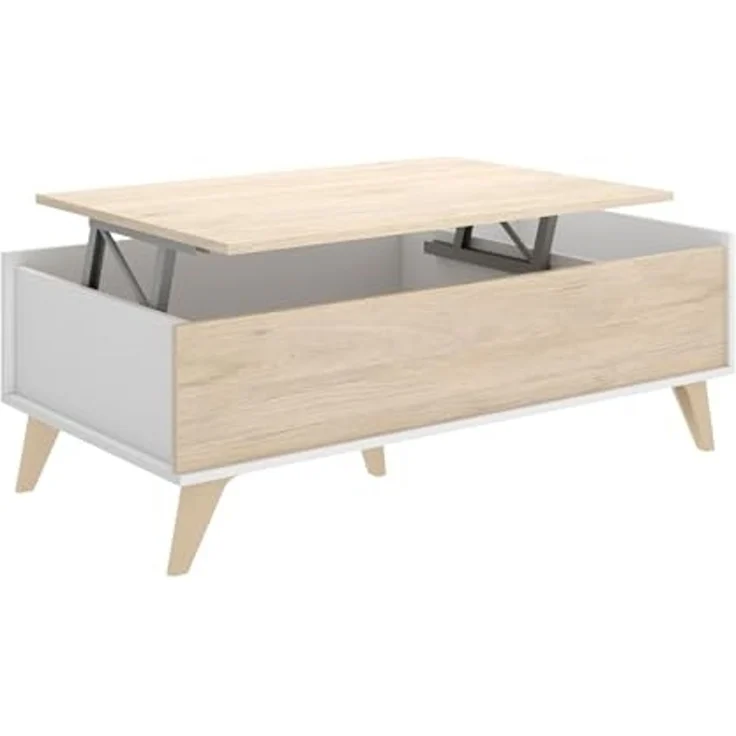 Dmora - Cuna Couchtisch, Wohnzimmer-Zeitungsständer mit Ablagefach, niedriger hochklappbarer Couchtisch, 99 x 60 x 41 cm, Eiche und Weiß – Bild 5