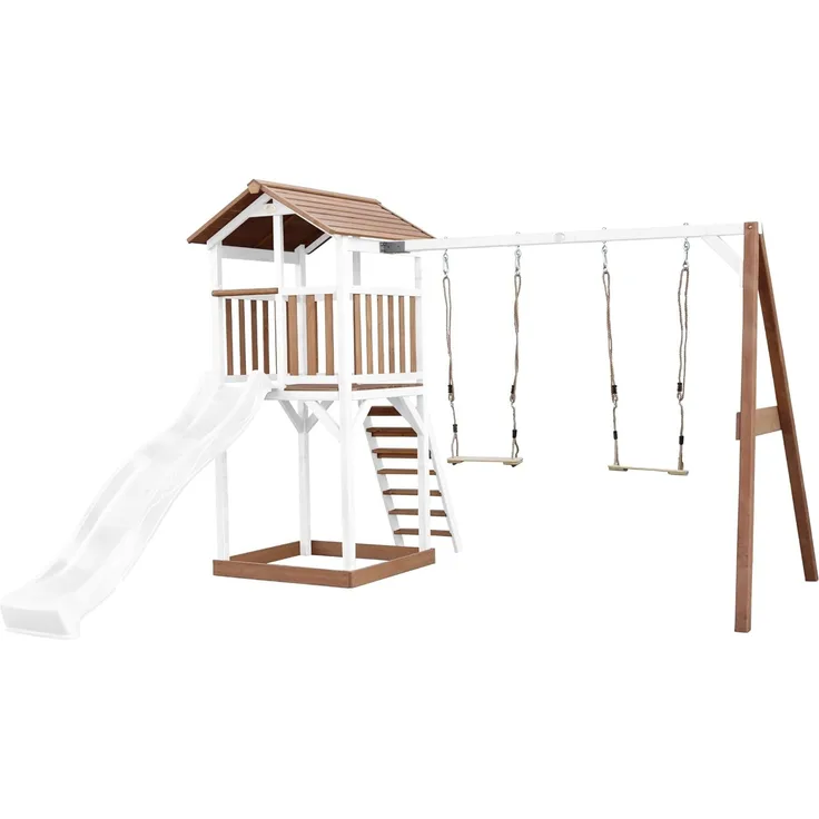AXI Beach Tower Spielturm aus Holz in Braun & Weiß Spielhaus für Kinder mit weißer Rutsche, Doppelschaukel und Sandkasten | Braun, weiß | Holz | 349 cm