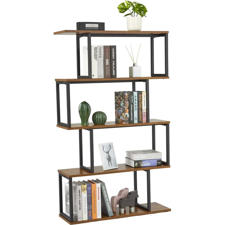 Meerveil Bücherregal, Standregal mit 4 Ebenen, Aufbewahrungsregal Holz S-Form, Industrie Design, 74 x 24 x 128 cm, Dekoregal für Pflanzen & Bücher, Wohnzimmer, Schlafzimmer, Büro, Braun