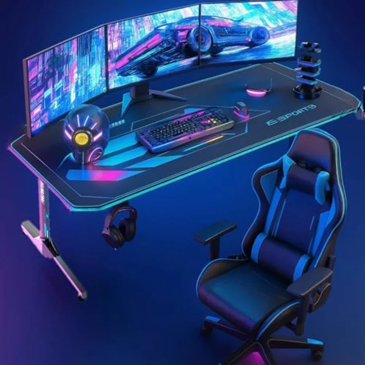 Himimi 160cm Gaming Schreibtisch, 160 x 75 x 75 cm Ergonomischer Trust Gaming Tisch, T-Form PC Gamer Computertisch mit großer pad, Becherhalter, Kopfhörerhaken, Kabelmanagement & Gaming Griffgestell – Bild 3