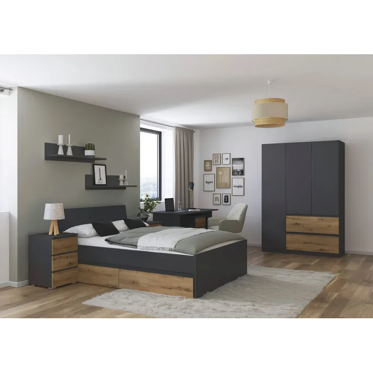 Jugendzimmer Joel 3trg Kleiderschrank in Grau Metallic und Artisan Eiche – Das perfekte Kinder- und Jugendzimmer von Rauch Möbel, Made in Germany - in verschiedenen Varianten wählbar - 5 teilig , Kleiderschrank 3 türig ohne Spiegel + Jugendbett 140x200...