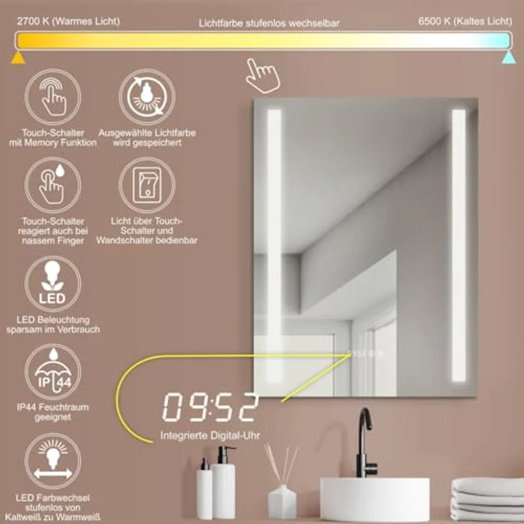 HOKO LED Badspiegel 50x70/60x80 cm mit Digitaluhr, Antibeschlag, Touchsteuerung und dimmbarem Licht (Warmweiß - Kaltweiß - Neutral), IP44, 5mm HD Glas – Bild 2