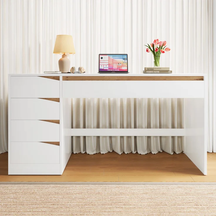 ZUBALIYA Schreibtisch 140x50 cm mit 5 Schubladen, Weiß/Eiche-Optik, Moderner Computertisch mit extra großer Arbeitsfläche, Schminktisch mit Stauraum, Bürotisch für Homeoffice, Schlafzimmer und Arbeitszimmer – Bild 3