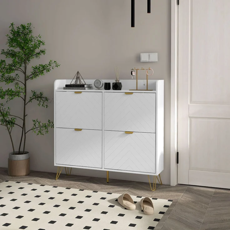 Schuhschrank mit 4 Klappen, mit verstellbarem Einlegeboden, Schuhaufbewahrung 106 x 24 x 102 cm, weiß – Bild 4