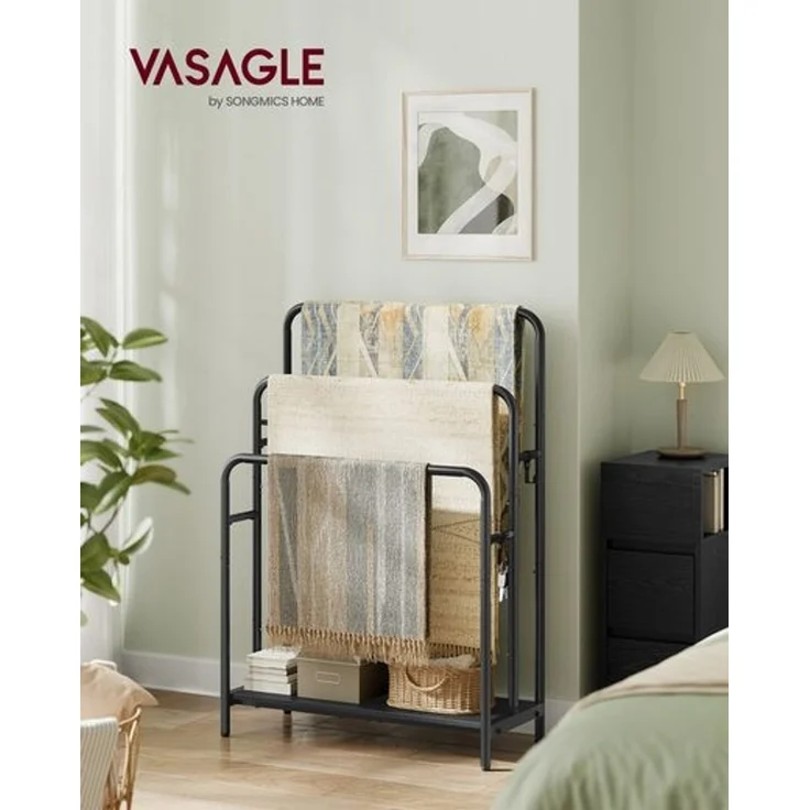 VASAGLE Handtuchhalter, stehend, Handtuchständer 3 Stangen, 70 x 30 x 100 cm, 2 Haken, Ablage, für Decke, Badetücher, tintenschwarz-ebenholzschwarz LLS019B01 – Bild 1