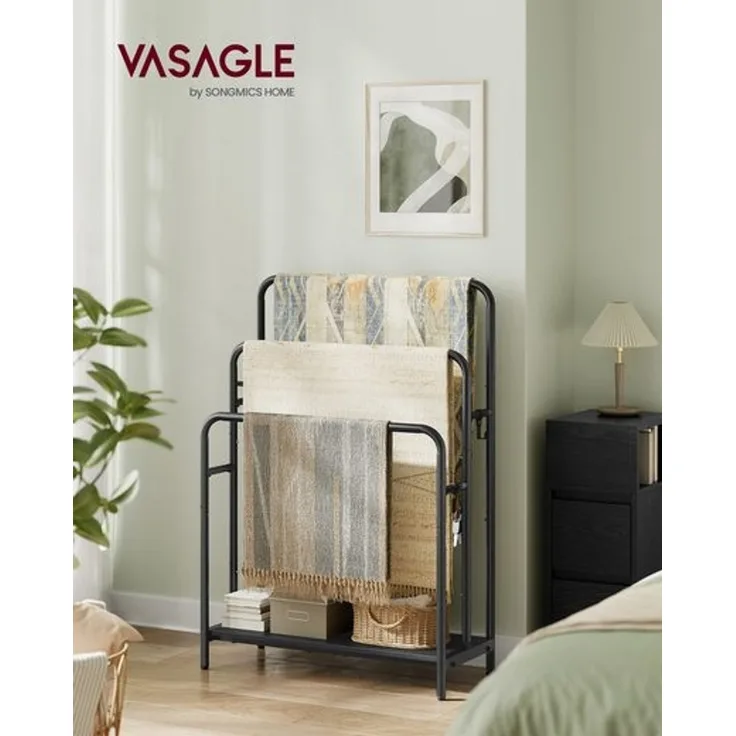 VASAGLE Handtuchhalter, stehend, Handtuchständer 3 Stangen, 70 x 30 x 100 cm, 2 Haken, Ablage, für Decke, Badetücher, tintenschwarz-ebenholzschwarz LLS019B01