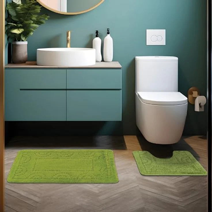 Comart, Nicole Badezimmerteppich, 3-teiliges Set, schnelltrocknend, rutschfeste Unterseite aus Latex, einfarbig, für Dusche und Badewanne, für WC und Bidet, maschinenwaschbar, Grün – Bild 4