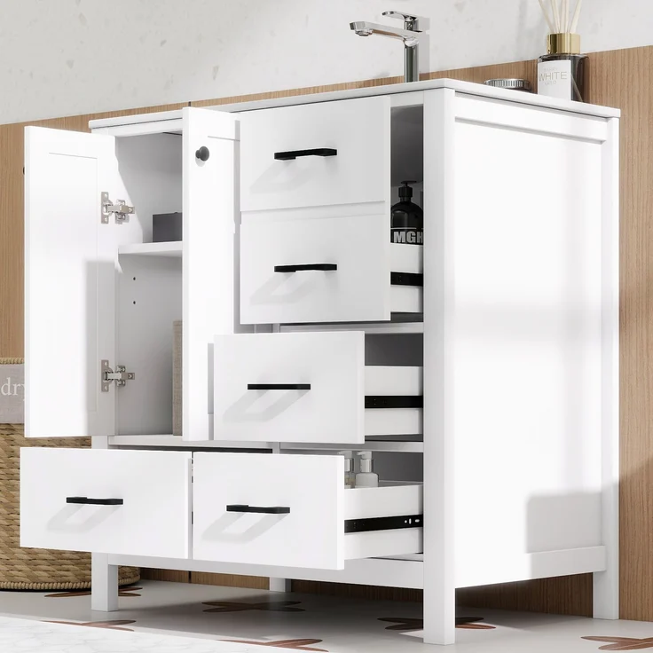 76*46*82 cm, freistehender Badezimmerwaschtisch, komplett lackiert, mehrere Schubladen zur Aufbewahrung, verstellbare Regalböden, integriertes Keramikwaschbecken, weiß. – Bild 2