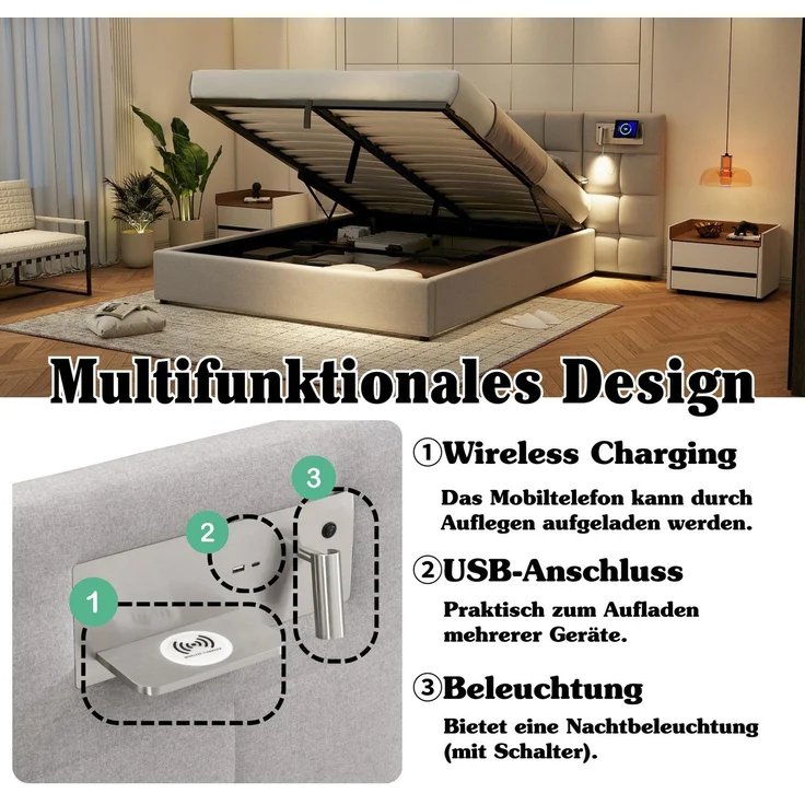 Polsterbett mit LED-Beleuchtung, Wireless Charger und Stauraum, extra breites Kopfteil mit Spots, Type-C und USB Anschlüssen, 180x200 cm, gepolsterter Kopfteil, Doppelbett, Stauraumbett, Leinen – Bild 3