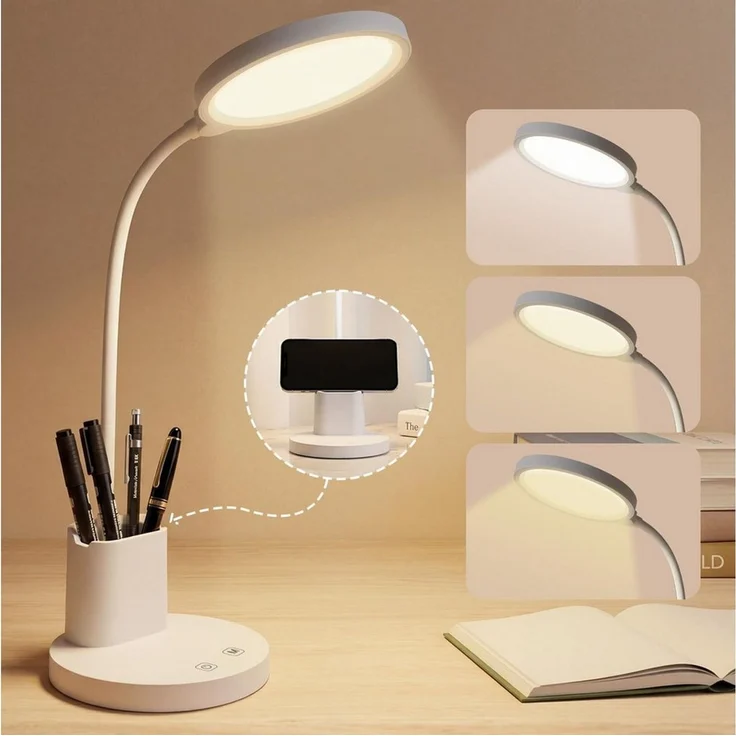 LQWELL LED Schreibtischlampe 4 in 1 LED Schreibtischlampe USB Aufladbar, LED fest integriert, 3 Helligkeitsstufen Nachtlicht, 360° Flexibel Stifthalter Tischlampe Studienlampe, mit Telefonhalter,für Heimbüro – Bild 5