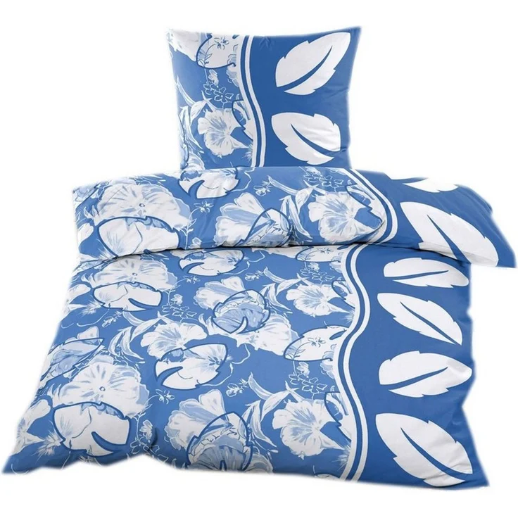 Casa Colori Bettwäsche Renforce 135 x 200 cm aus feinster Baumwollmischung mit Reißverschluss, Renforce, 2 teilig, Blau Weiß geblümt – Bild 1