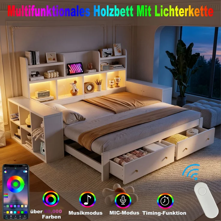 Ausziehbett 90/180×200 cm mit Schubladen und LED-Beleuchtung, Weiß, ohne Matratze – Bild 8