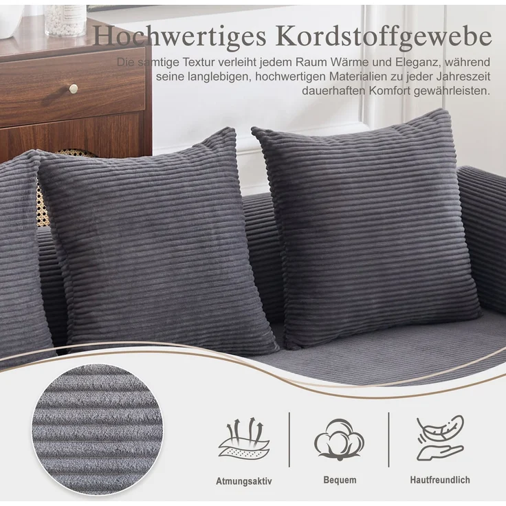 Cord-Sofagarnitur aus 3-Sitzer-Sofa, Sessel und klappbarem Hocker, Metallrahmen, Seitentasche und Kissen für flexible Lounge-Anordnungen, Dunkelgrau – Bild 18