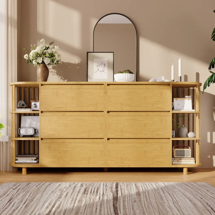 Sideboard Eiche Retro-Römisch mit 6 Schubladen & Bambusregalen, Kippsicher, Wohnzimmer Flur Küche Aufbewahrung – Bild 4