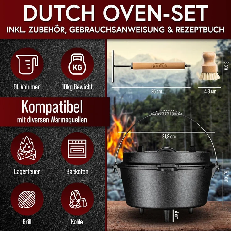 Dutch Oven 9 L mit Füßen – Gusseisen Feuertopf eingebrannt mit 2in1 Deckelheber, Bürste & Rezeptbuch für Outdoor & Camping – Bild 2