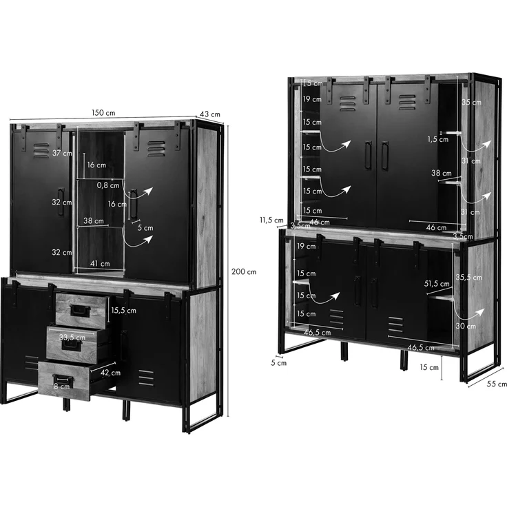 Buffet Mango 150x55x200 natur lackiert / Metall schwarz BLACKBURN #106 – Bild 8