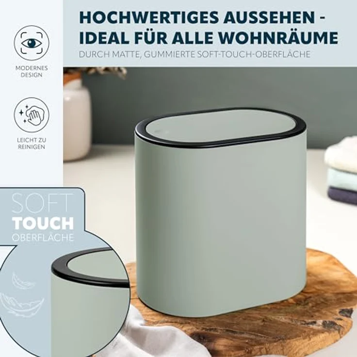 eluno ovaler Kosmetikeimer, 6 Liter mit gummierter Softtouch-Oberfläche, Schwingdeckel und Schutzpads, salbeifarben für Badezimmer und Gäste-WC – Bild 3
