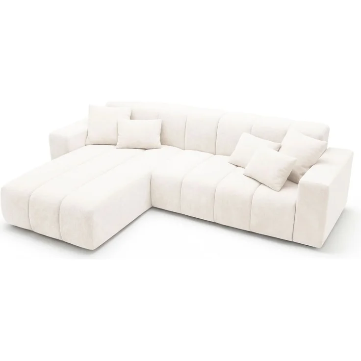 GRAINGOLD Ecksofa L-Form Nork, Wohnzimmer Ecksofa, Couch L-Form, Velour-Stoff, Creme, Links – Bild 6