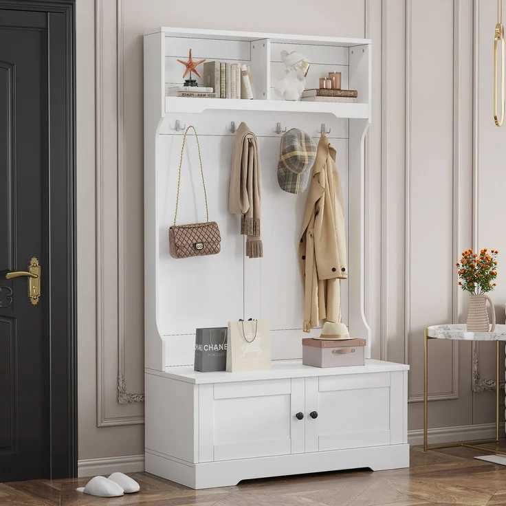 Schrank mit integrierter Sitzbank, Stauraum, Silent Soft-Close Türen, offenen Fächern und 4 Haken – Bild 1