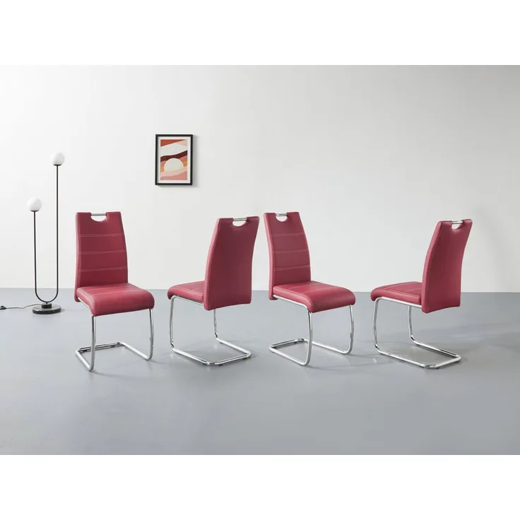 4er Set Schwingstuhl Flora - Kunstleder Rot - verchromtes Metallgestell