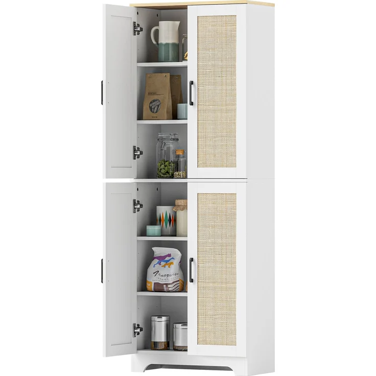 MELAYR, Küchenschrank mit verstellbaren Regalen, Rattantüren und Kippschutzsystem, 60 x 30 x 170 cm, Weiß – Bild 2