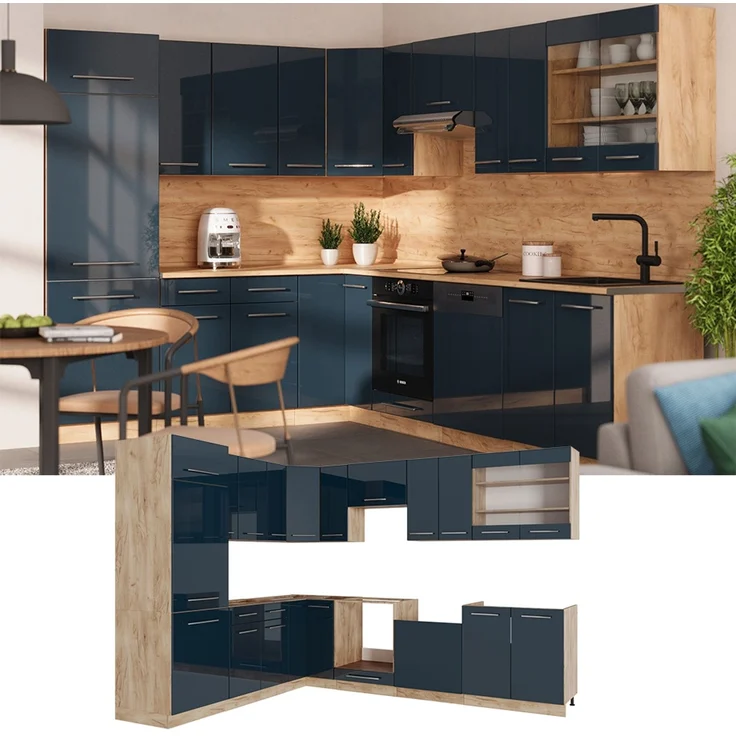 Eckküche Fame-Line Dunkelblau Hochglanz/Goldkraft Eiche 227 x 60 cm , AP Anthrazit Vicco – Bild 2
