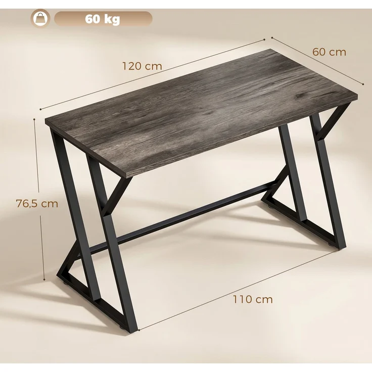 MELAYR, Schreibtisch Computertisch 120x60cm Bürotisch mit Z-förmigem Metallfuß, Holzoptik, Grau – Bild 5
